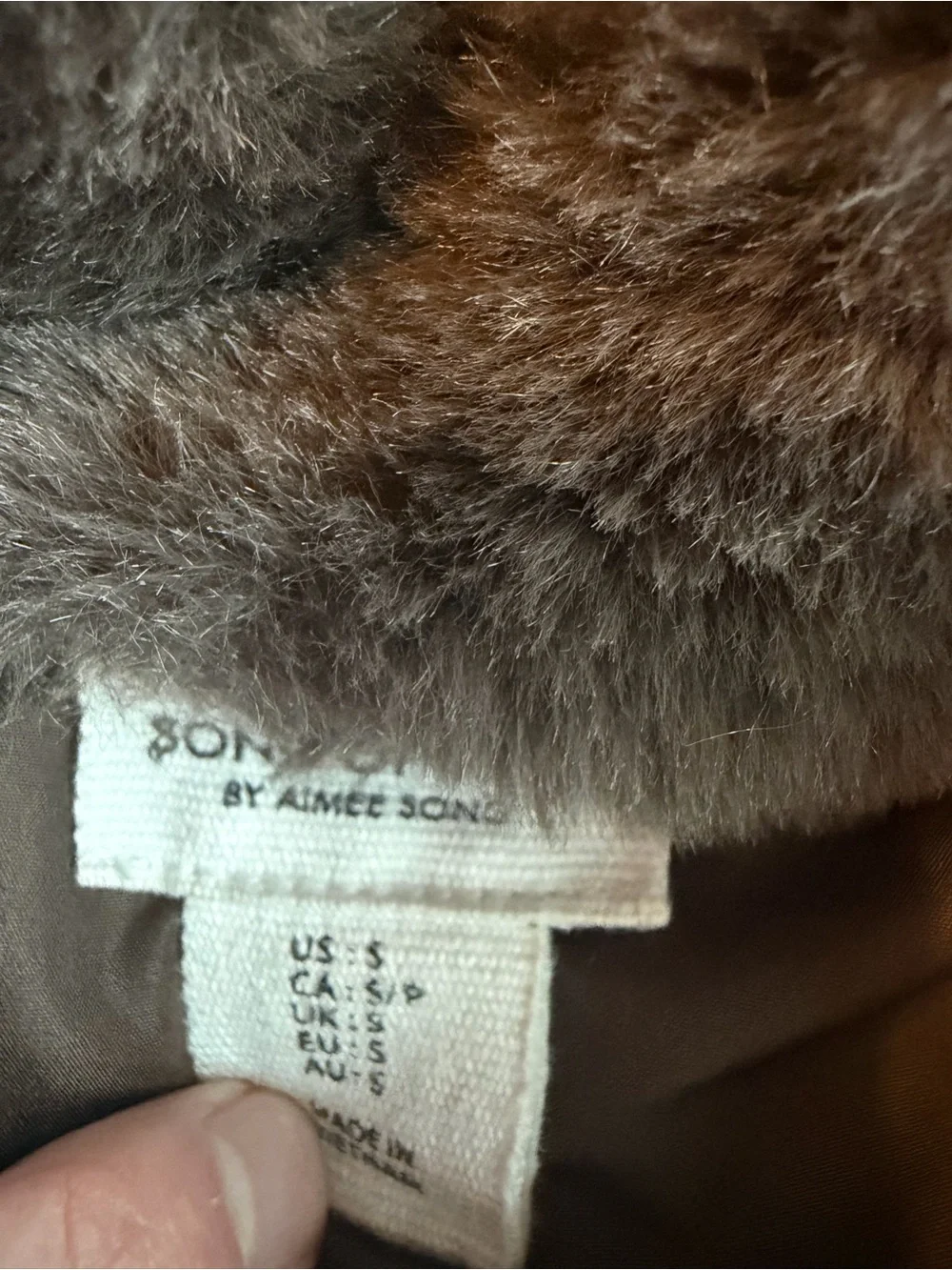 Song of Style Faux Fur Coat Brown Cropped Length Jacket Vegan Size Small Women's